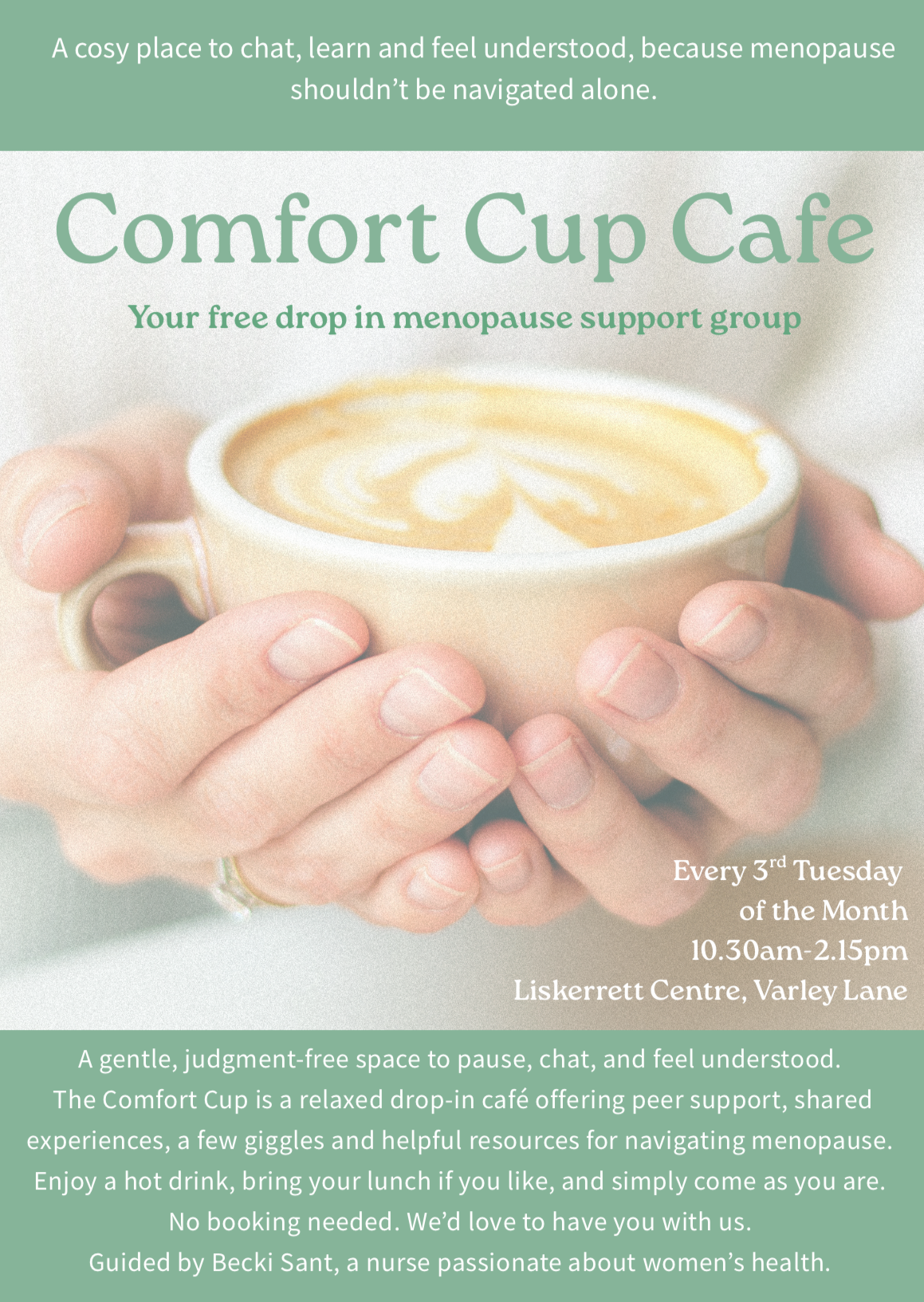 A poster for a menopause support cafe in Liskeard showing a pair of hands holding a cup of coffee