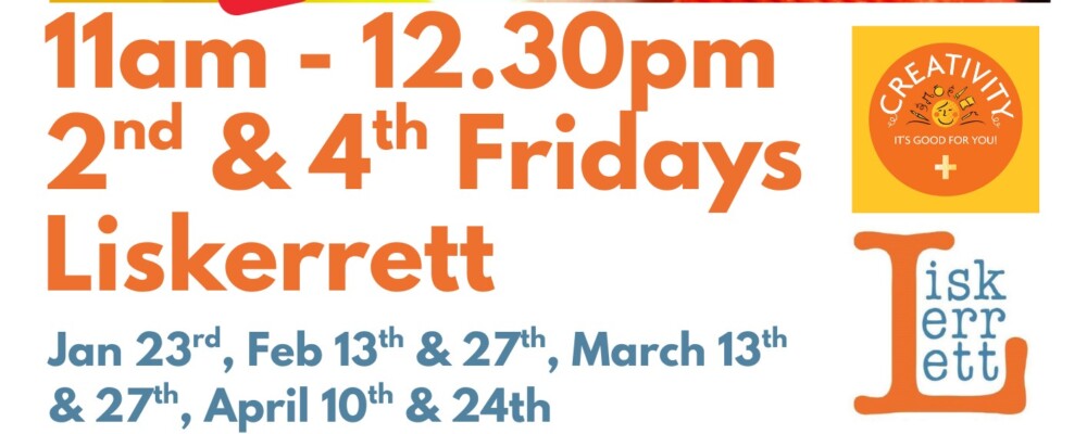 Promotional poster for “Craft-Tea!” community art and wellbeing drop-in sessions. The image shows hands creating a colourful flower print using paint on paper. Text reads: “Suggested donation £2. 11am–12.30pm, 2nd & 4th Fridays, Liskerrett. Dates: Jan 23rd, Feb 13th & 27th, March 13th & 27th, April 10th & 24th.” The Liskerrett logo appears on the right.