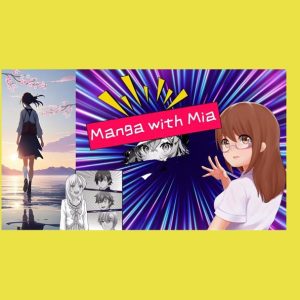 A Manga cartoon of a girl with glasses and also someone walking away surrounded by cherry blossom.