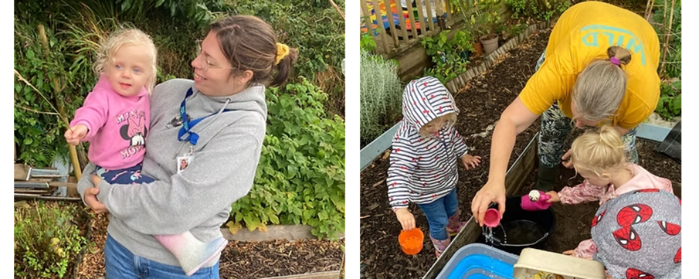 A photograph of a lady holding her toddler and another photo of a lady doing gardening with two small children.