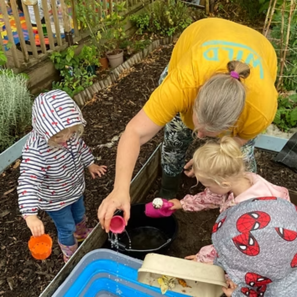 A photograph of a lady holding her toddler and another photo of a lady doing gardening with two small children.