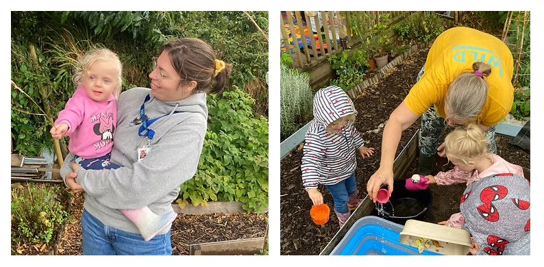 A photograph of a lady holding her toddler and another photo of a lady doing gardening with two small children.